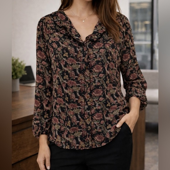 CJ Banks Tops - CJ Banks Earthy Floral Ruffle Collar Button-Down Blouse | Women’s Top
